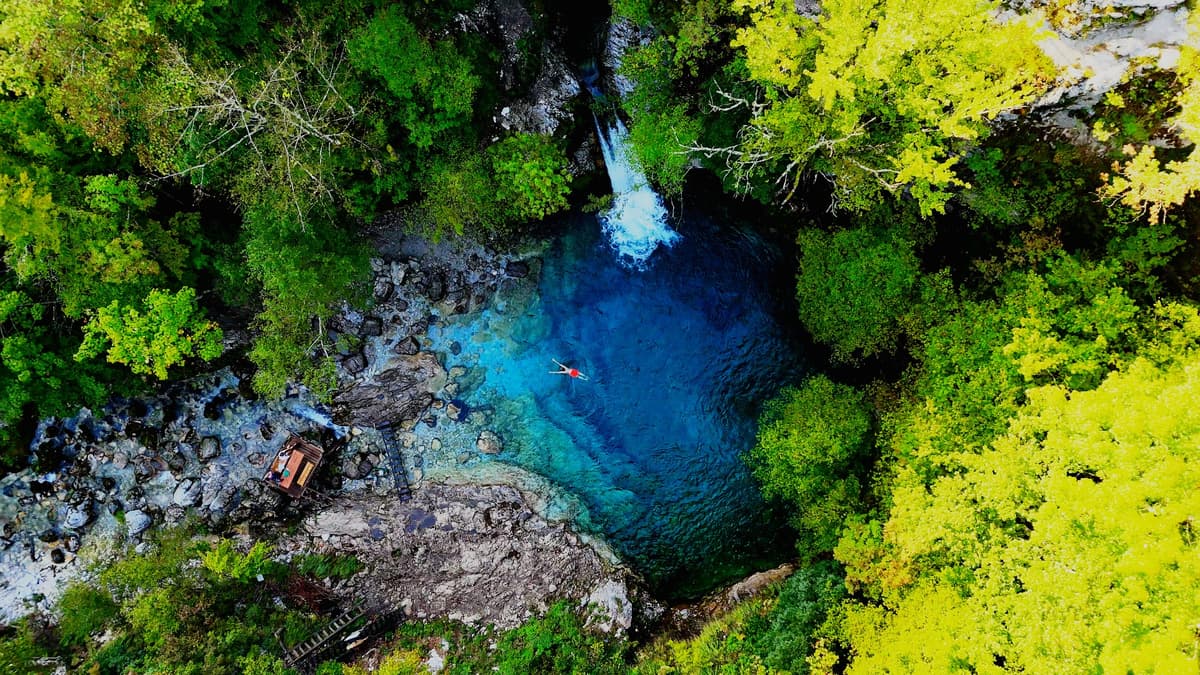 Blue Eye in Northern Albania from above.