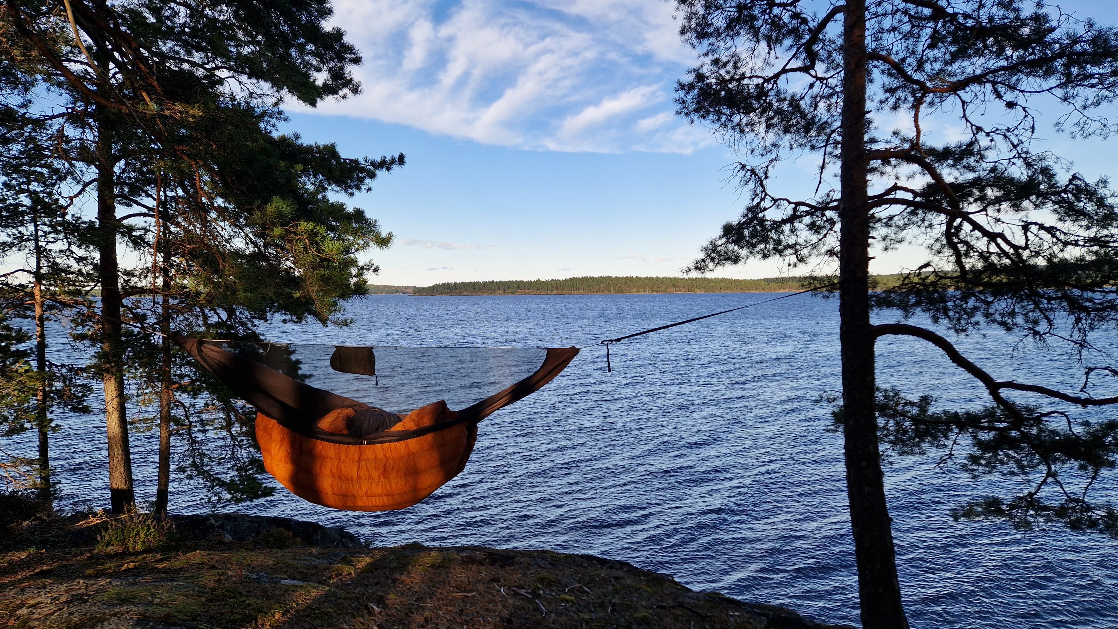 Person with a backpack walking in a forest towards a lake.