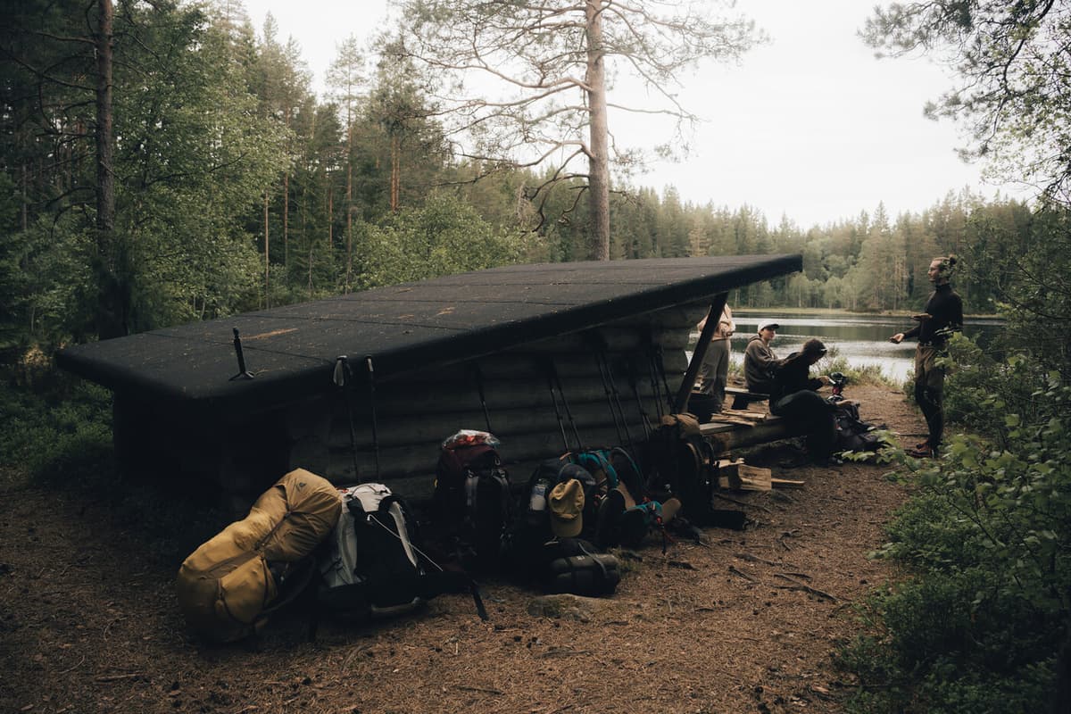 Backpacks near a Glaskogen shelter.