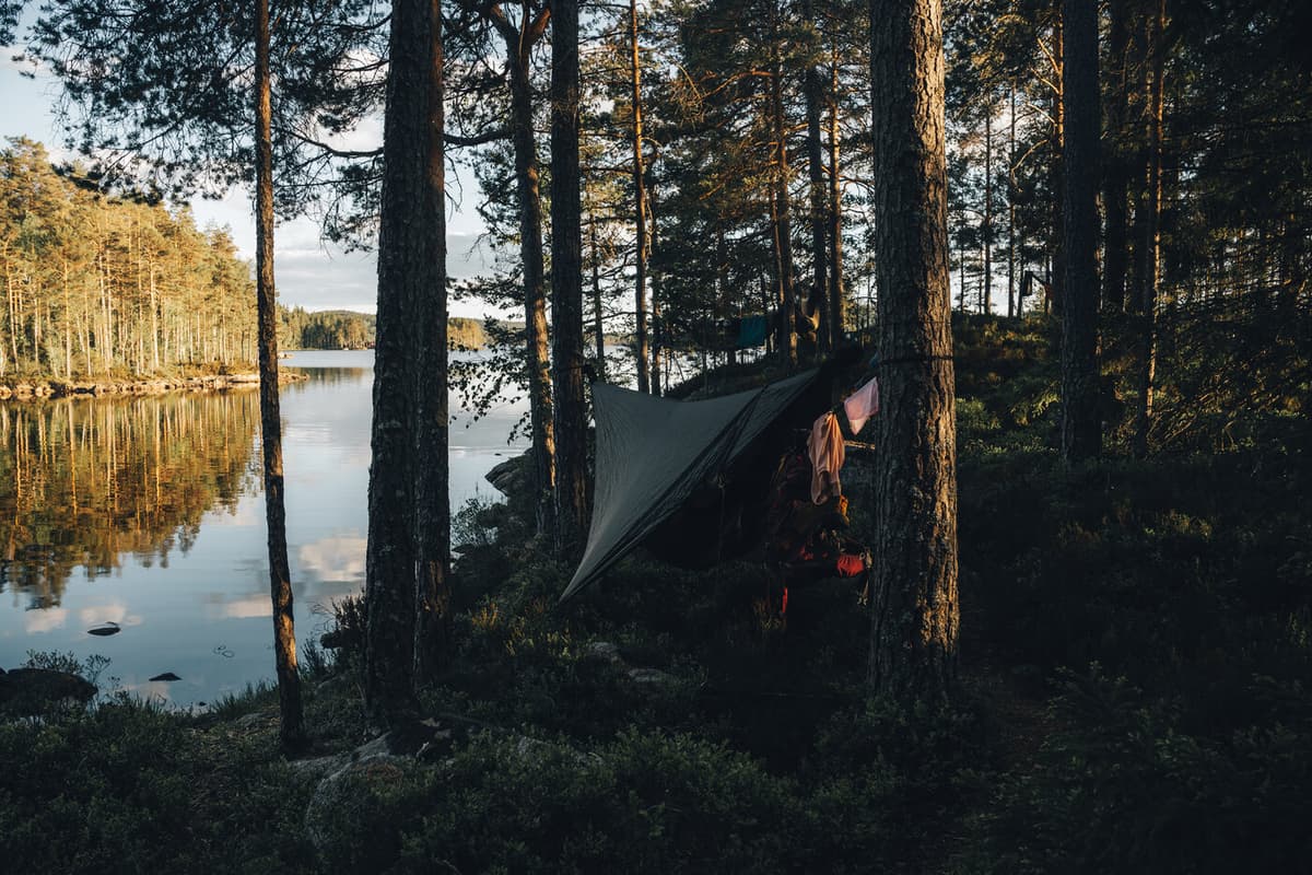 A hammock setup with a lake in the background.